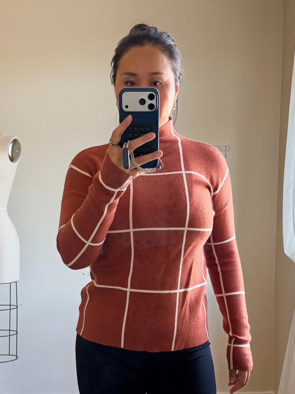 Cynthia Rowley High Neck Sweater | Rust Windowpane Knit | Mock Turtleneck Top S